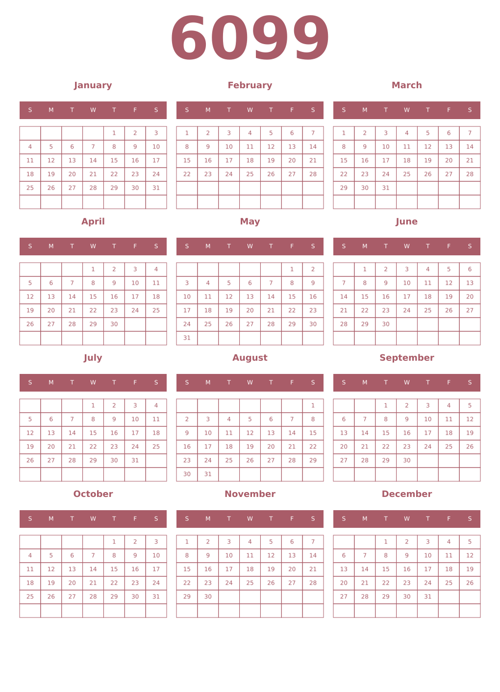 Printable 6099 Year Calendars puce