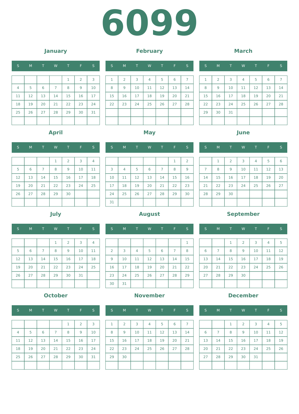 Printable 6099 Year Calendars viridian