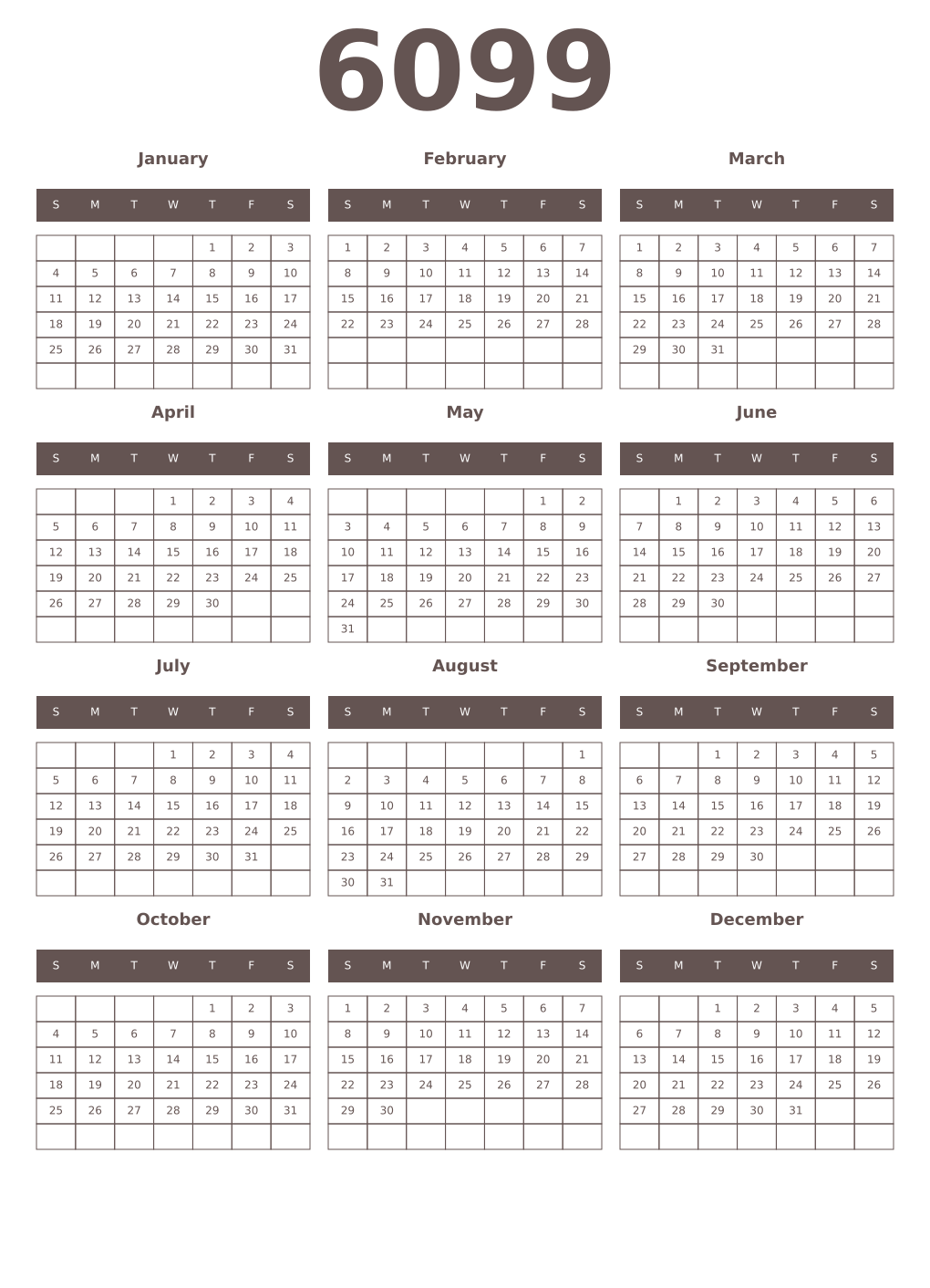 Printable 6099 Year Calendars wenge