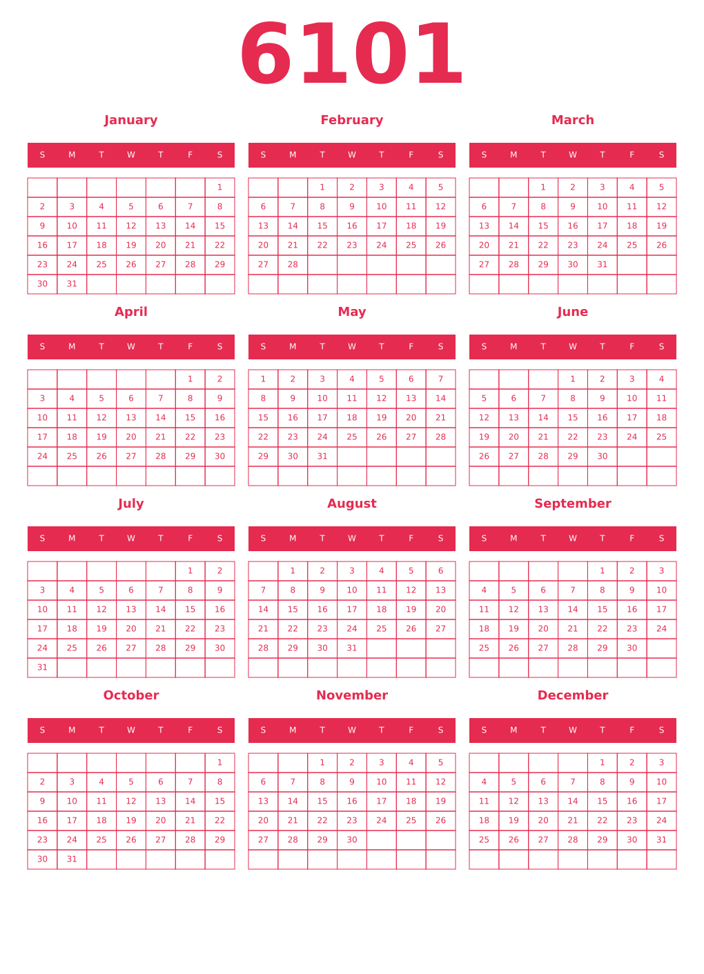 Printable 6101 Year Calendars amaranth