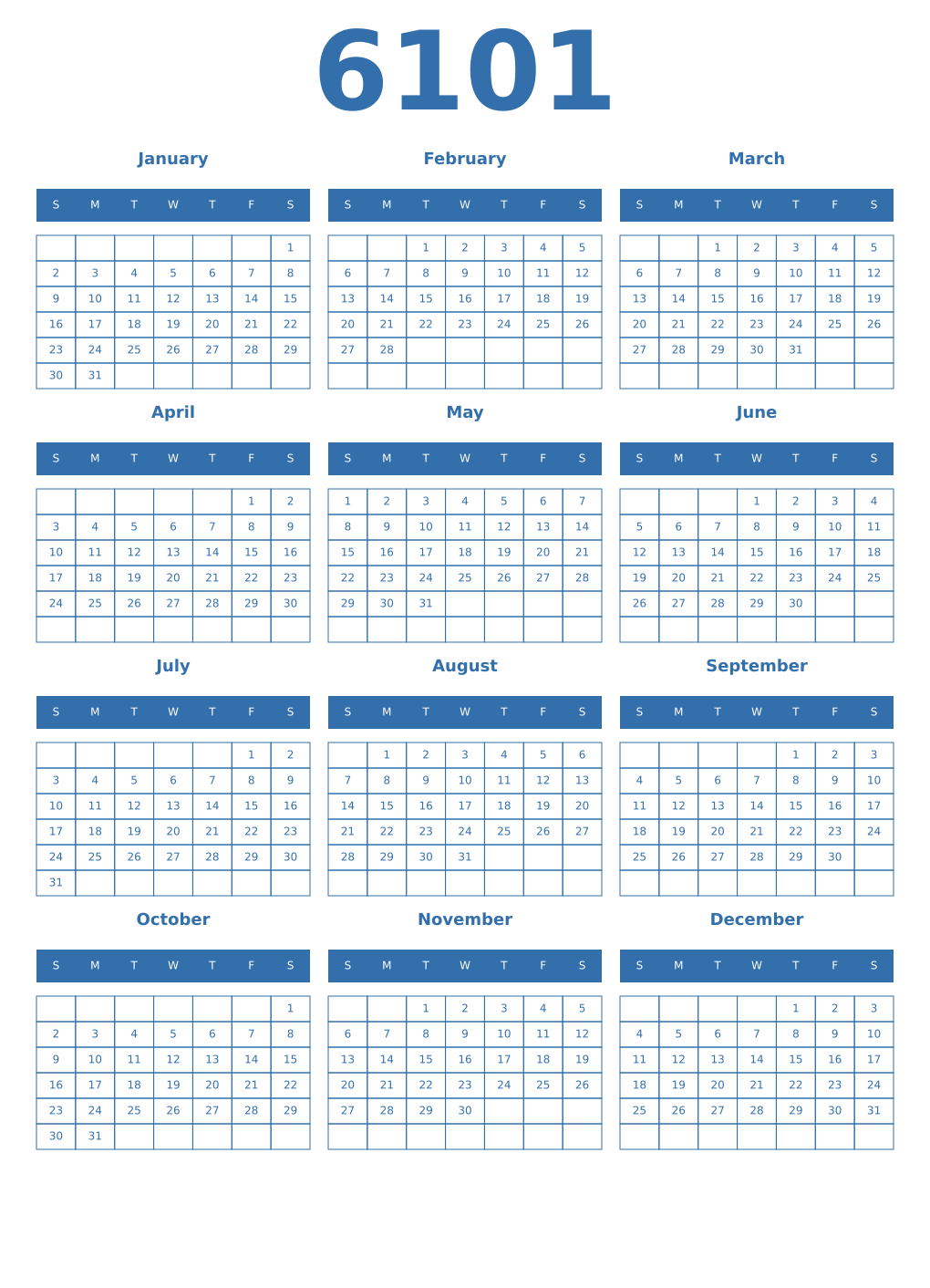 Printable 6101 Year Calendars blue