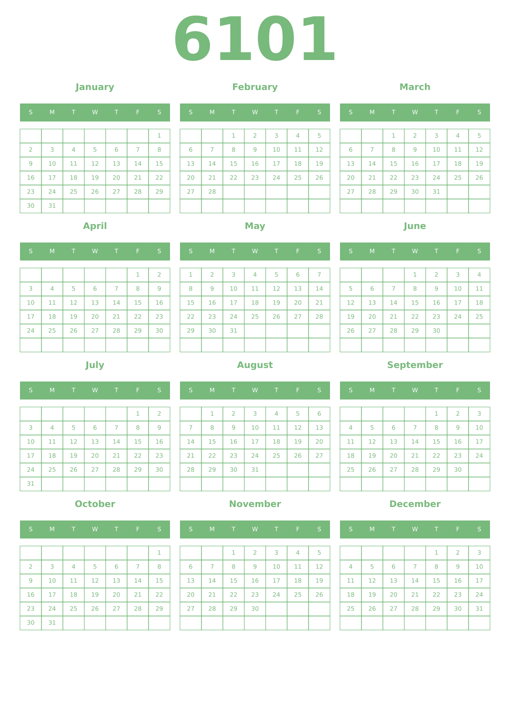 Printable 6101 Year Calendars celadon