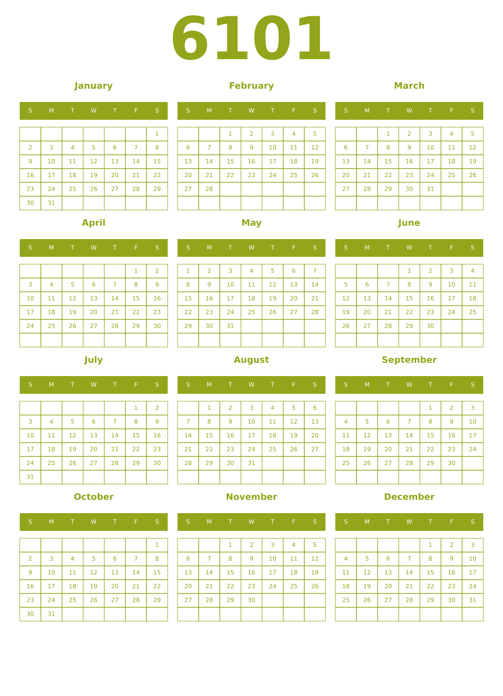 Printable 6101 Year Calendars chartreuse