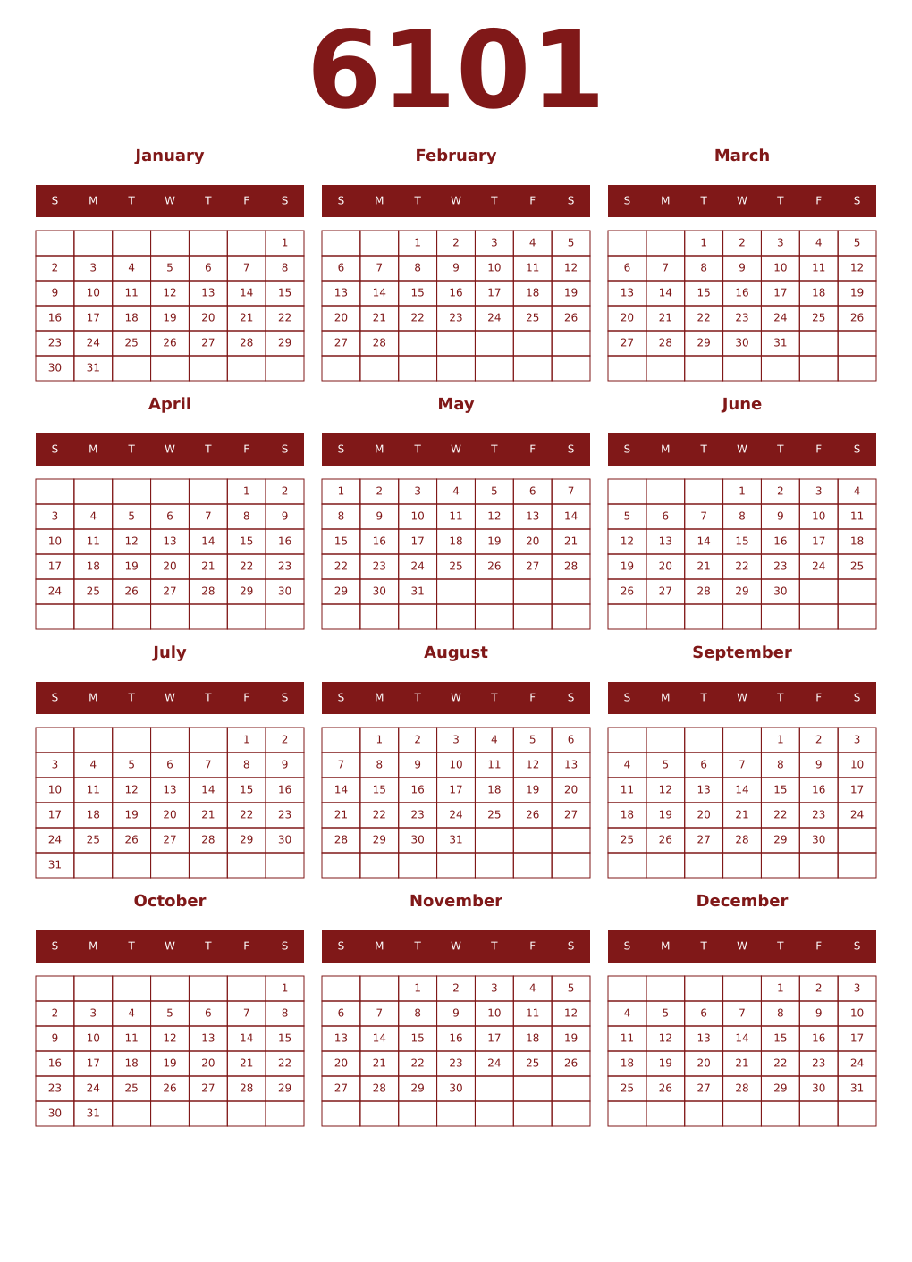 Printable 6101 Year Calendars falu