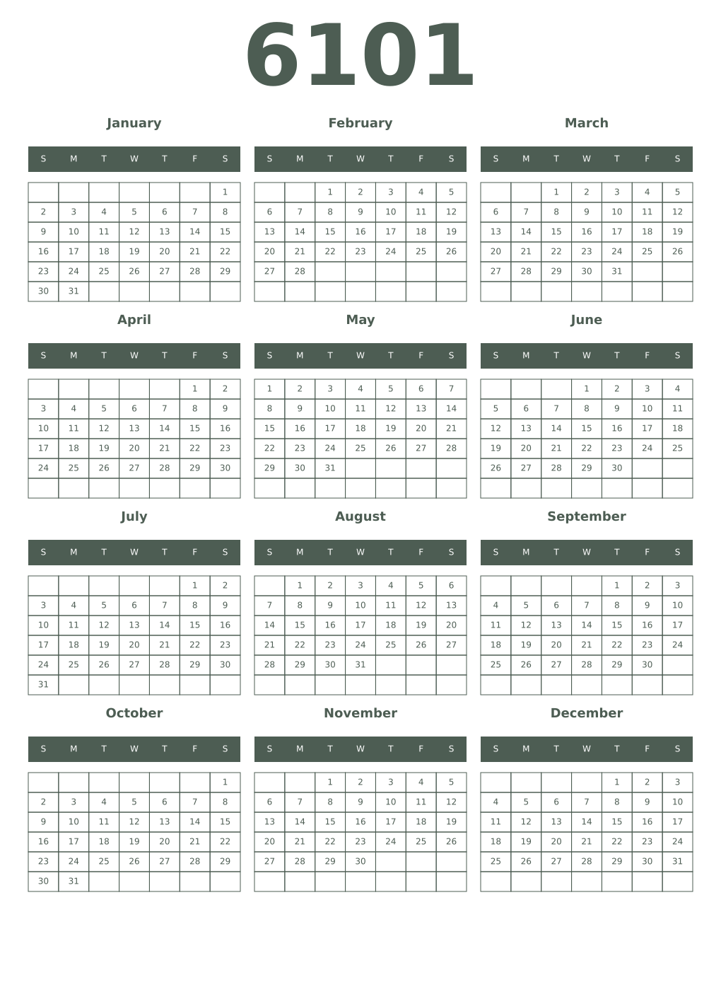 Printable 6101 Year Calendars feldgrau