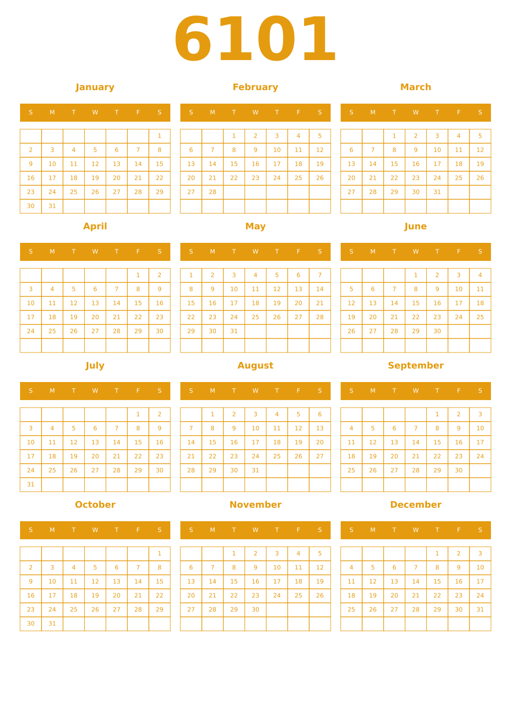 Printable 6101 Year Calendars gamboge