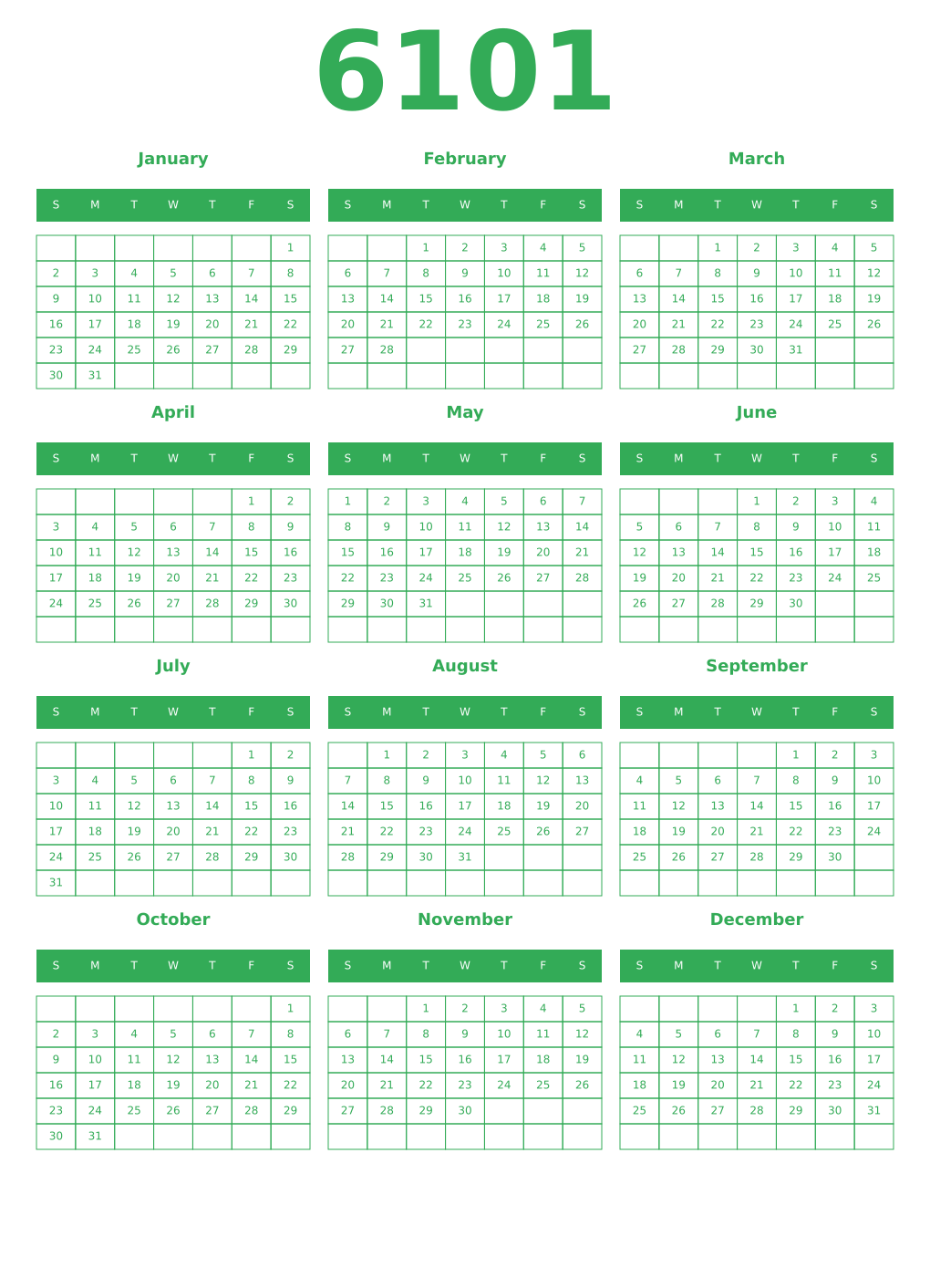 Printable 6101 Year Calendars green