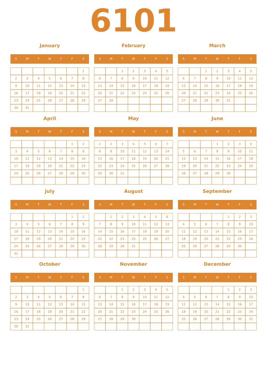 Printable 6101 Year Calendars orange