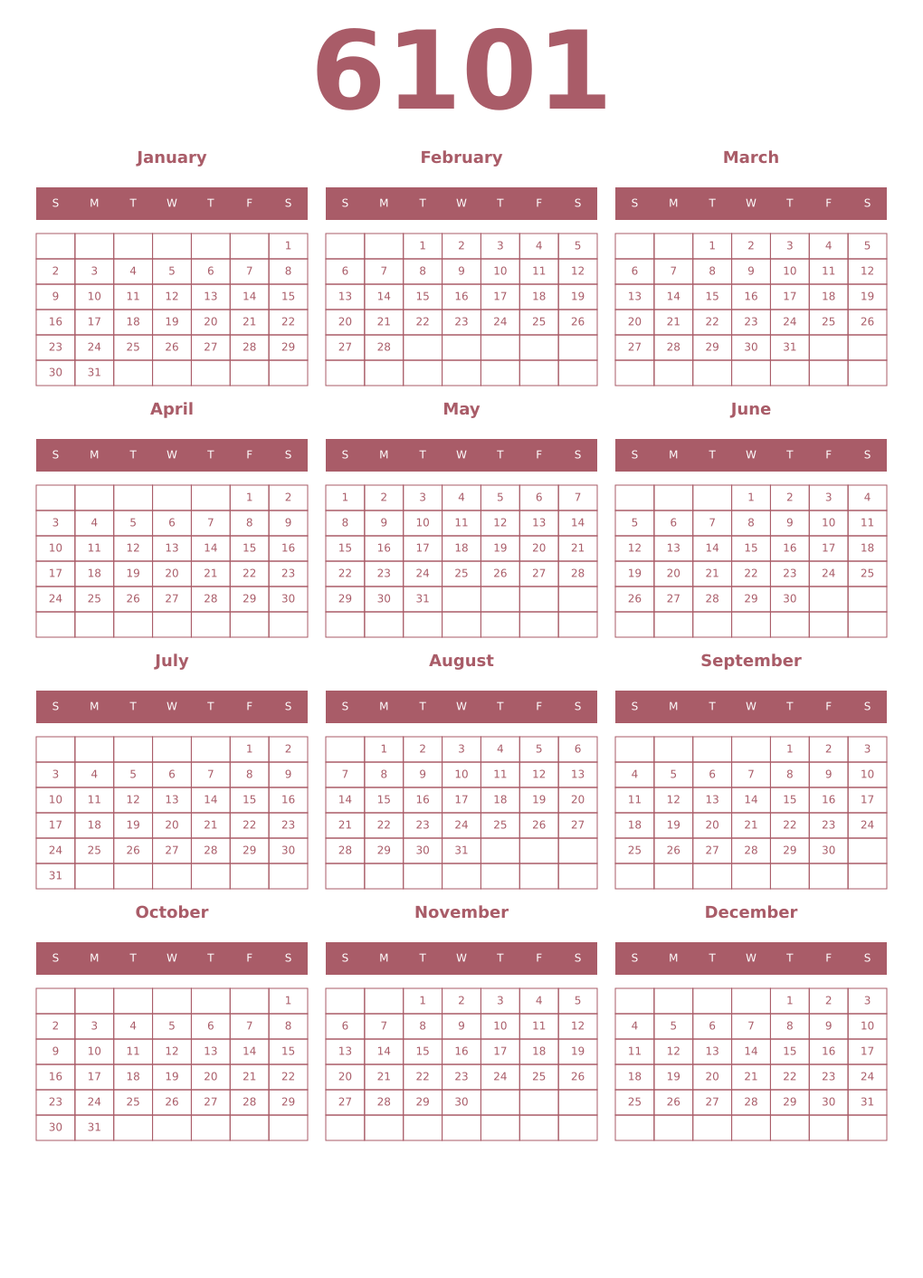 Printable 6101 Year Calendars puce