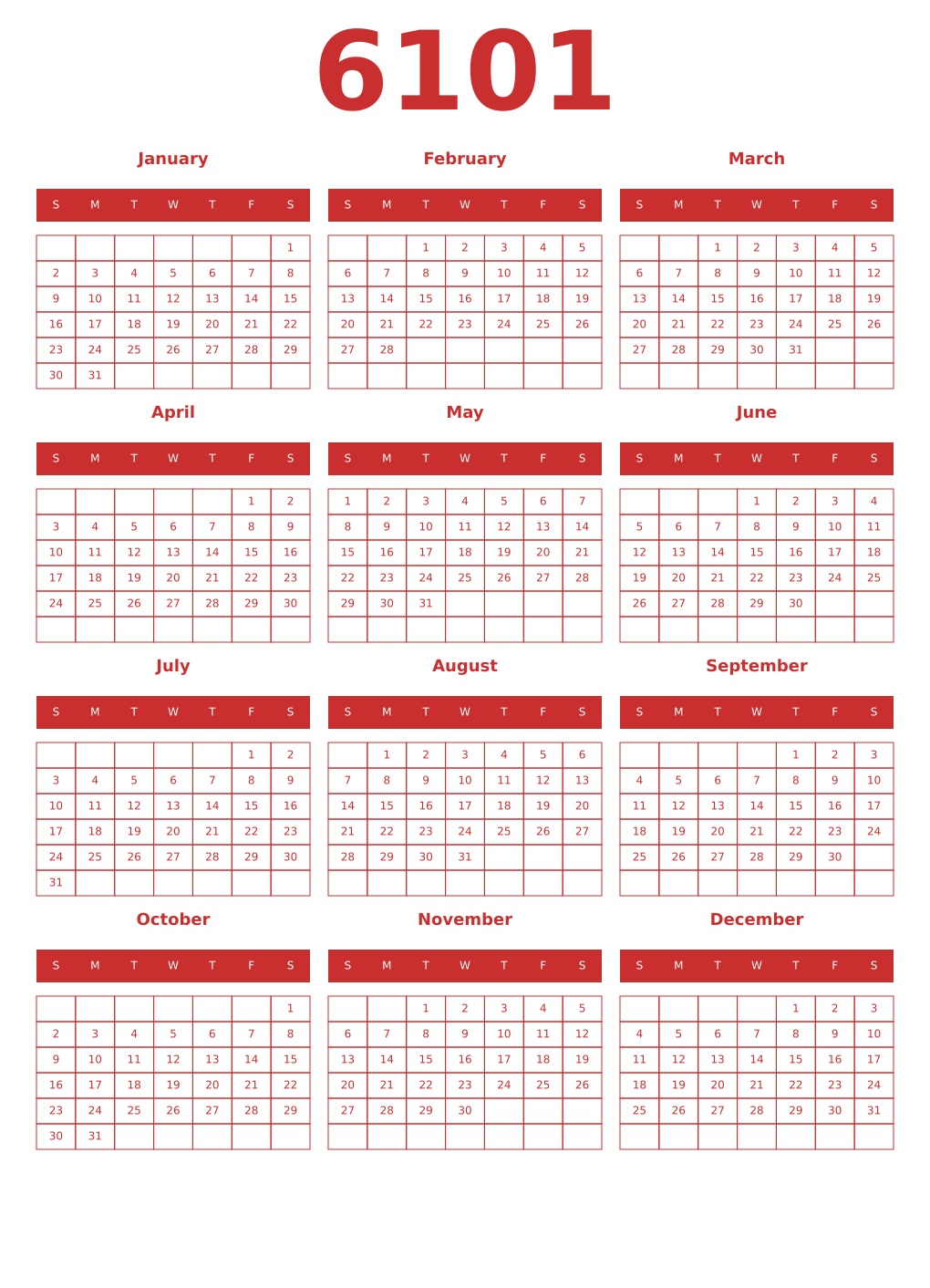 Printable 6101 Year Calendars red