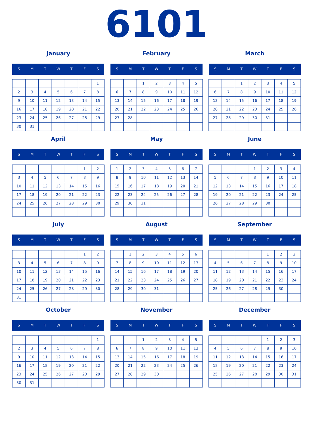 Printable 6101 Year Calendars smalt