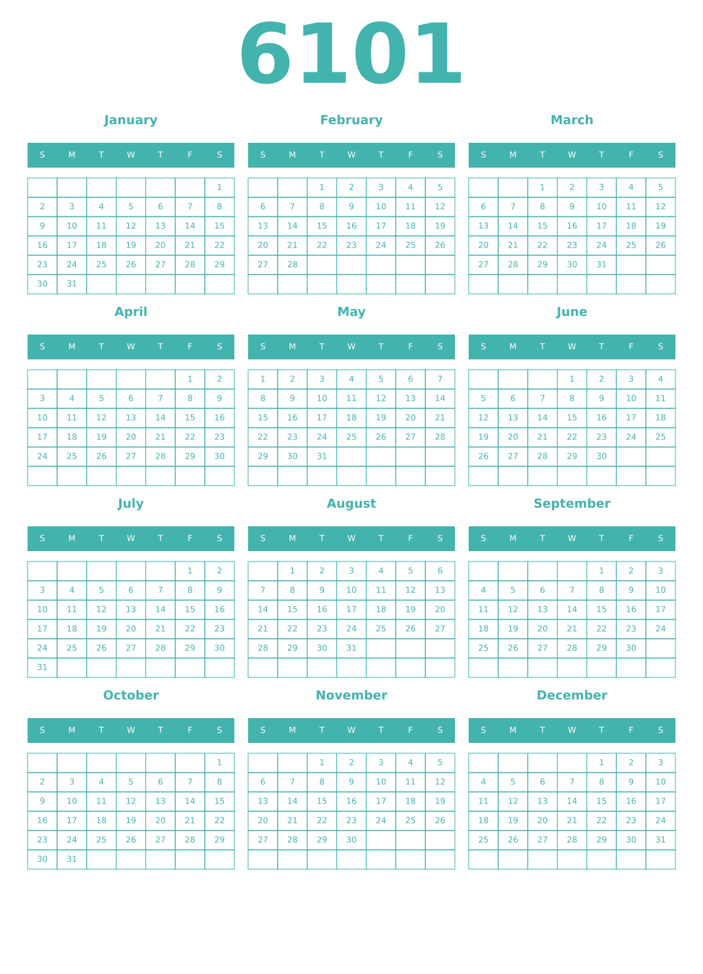Printable 6101 Year Calendars verdigris