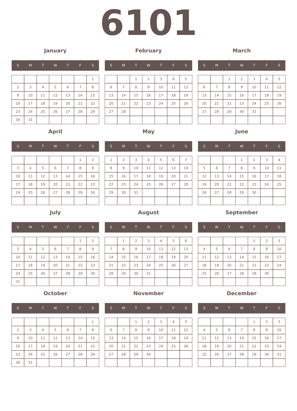 Printable 6101 Year Calendars wenge