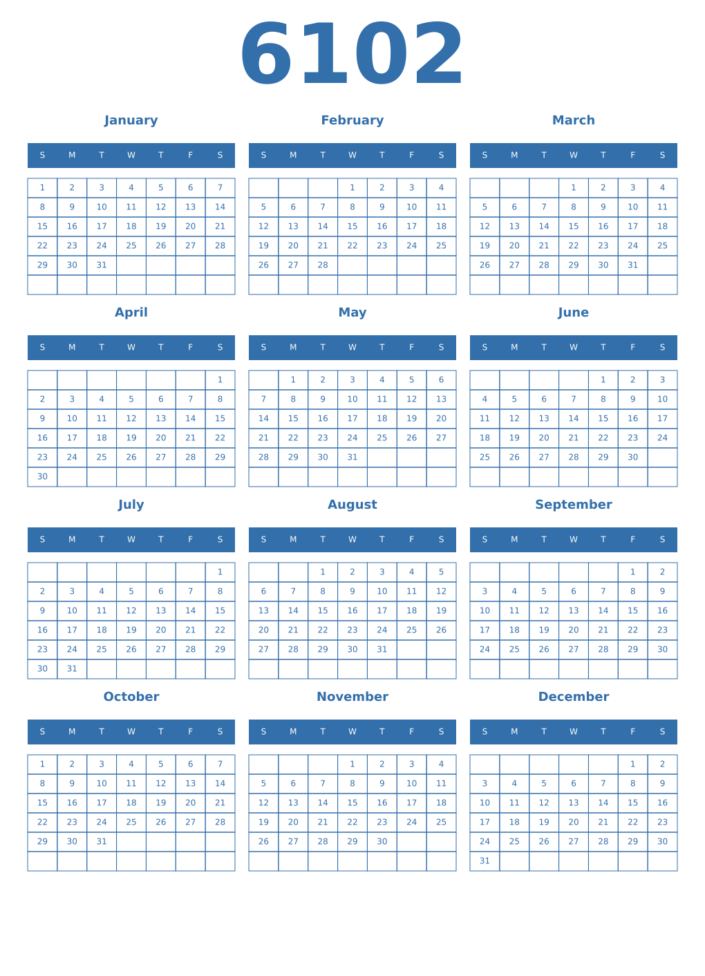 Printable 6102 Year Calendars blue