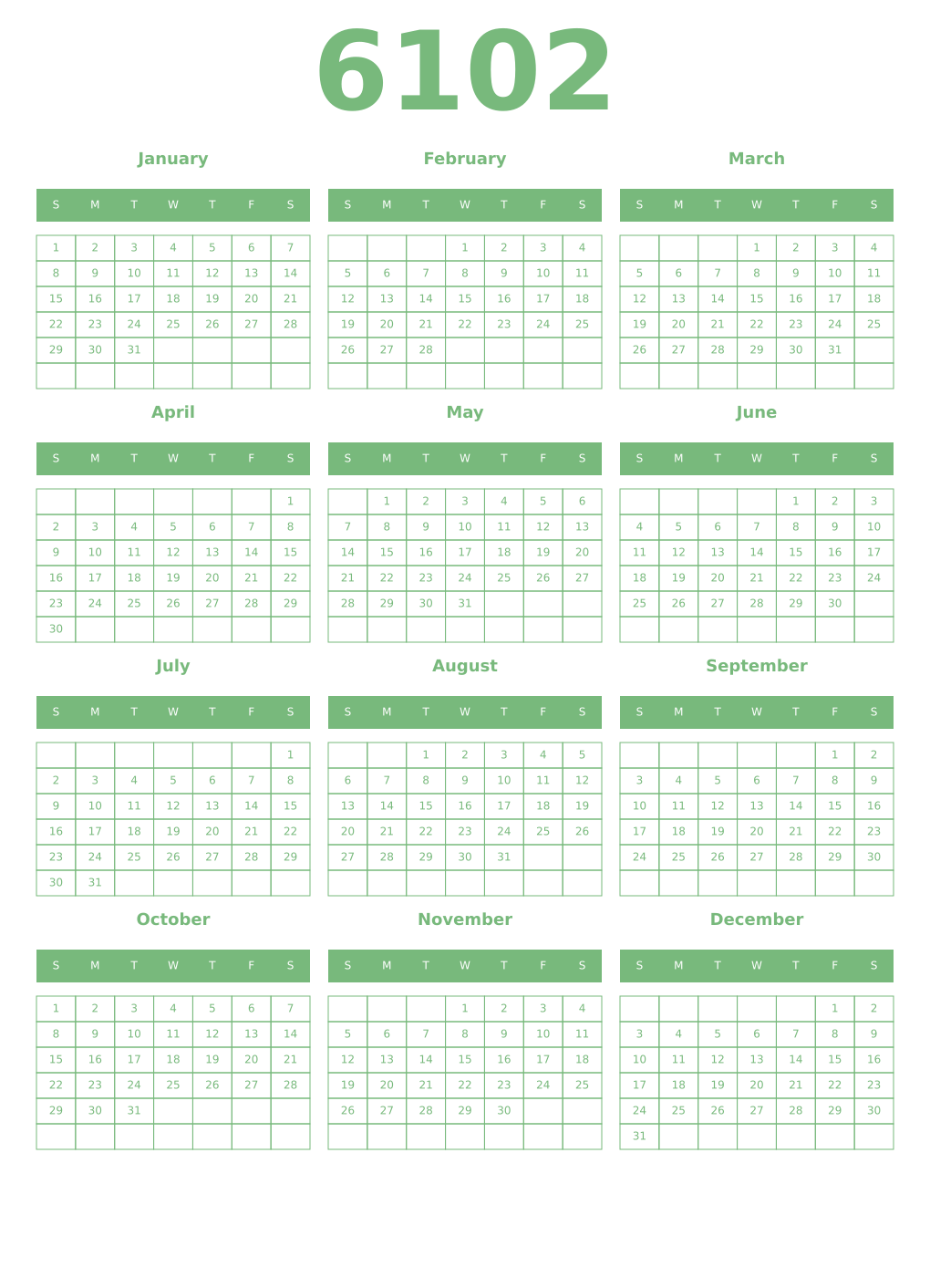 Printable 6102 Year Calendars celadon