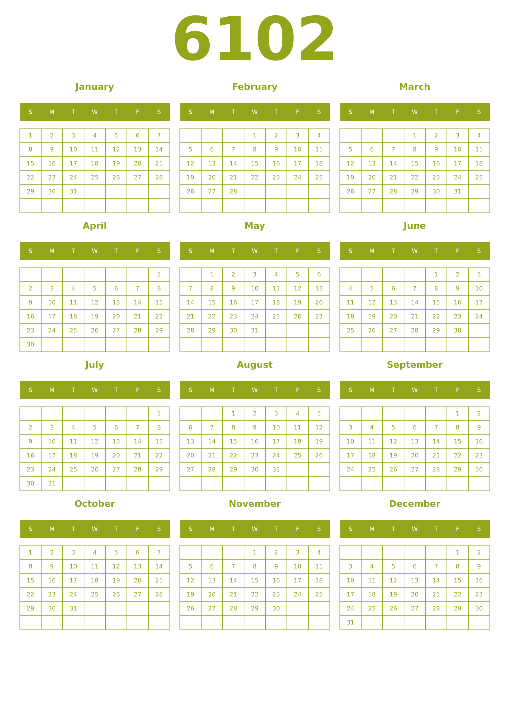 Printable 6102 Year Calendars chartreuse