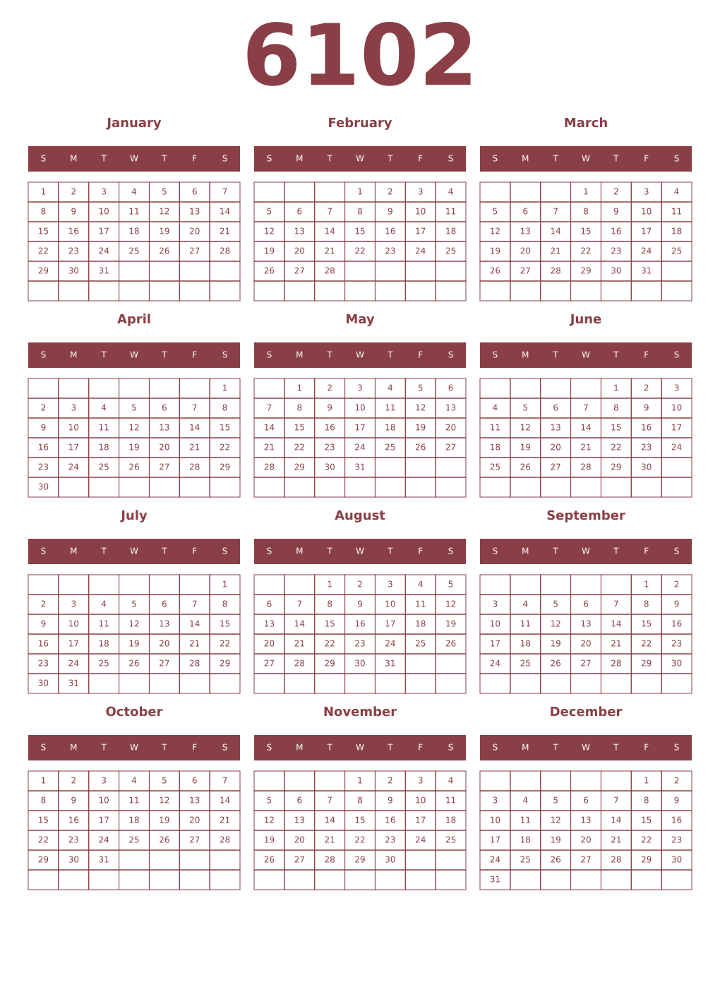 Printable 6102 Year Calendars cordovan