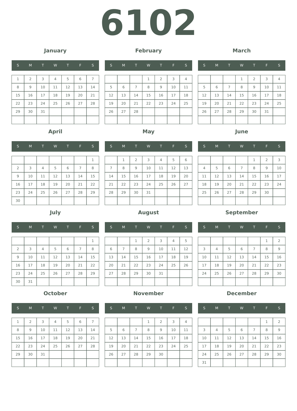 Printable 6102 Year Calendars feldgrau