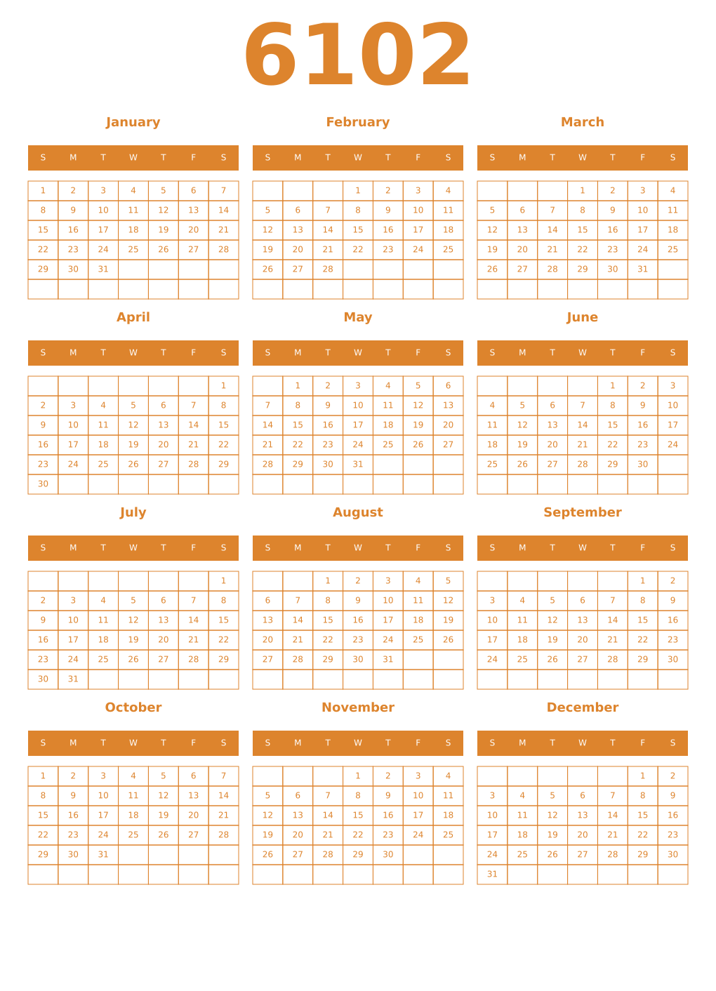 Printable 6102 Year Calendars orange