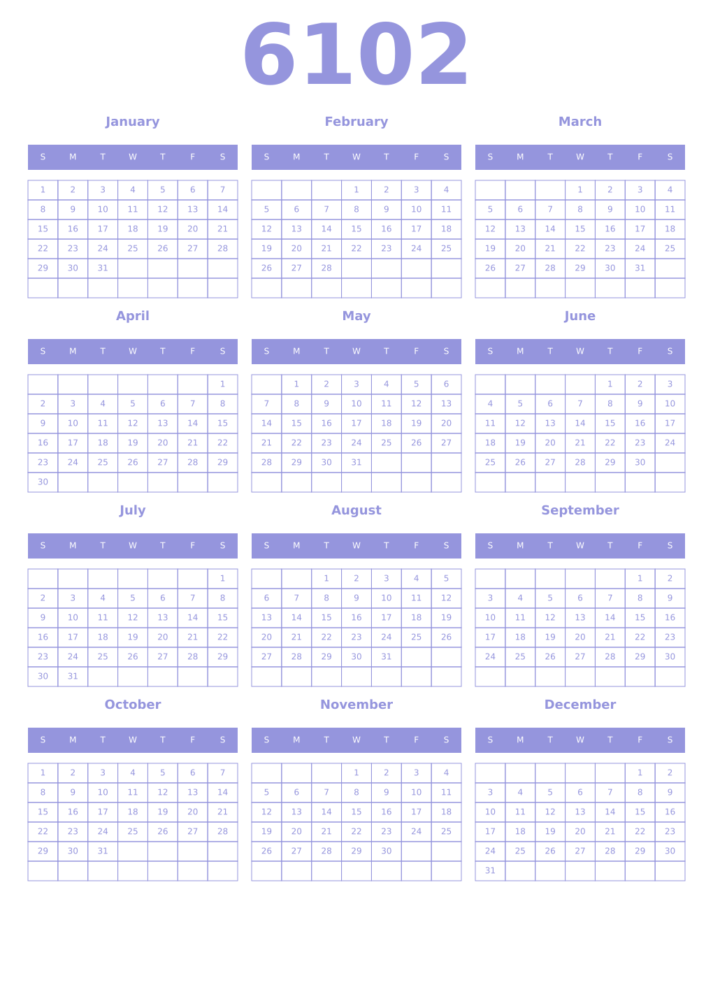 Printable 6102 Year Calendars periwinkle