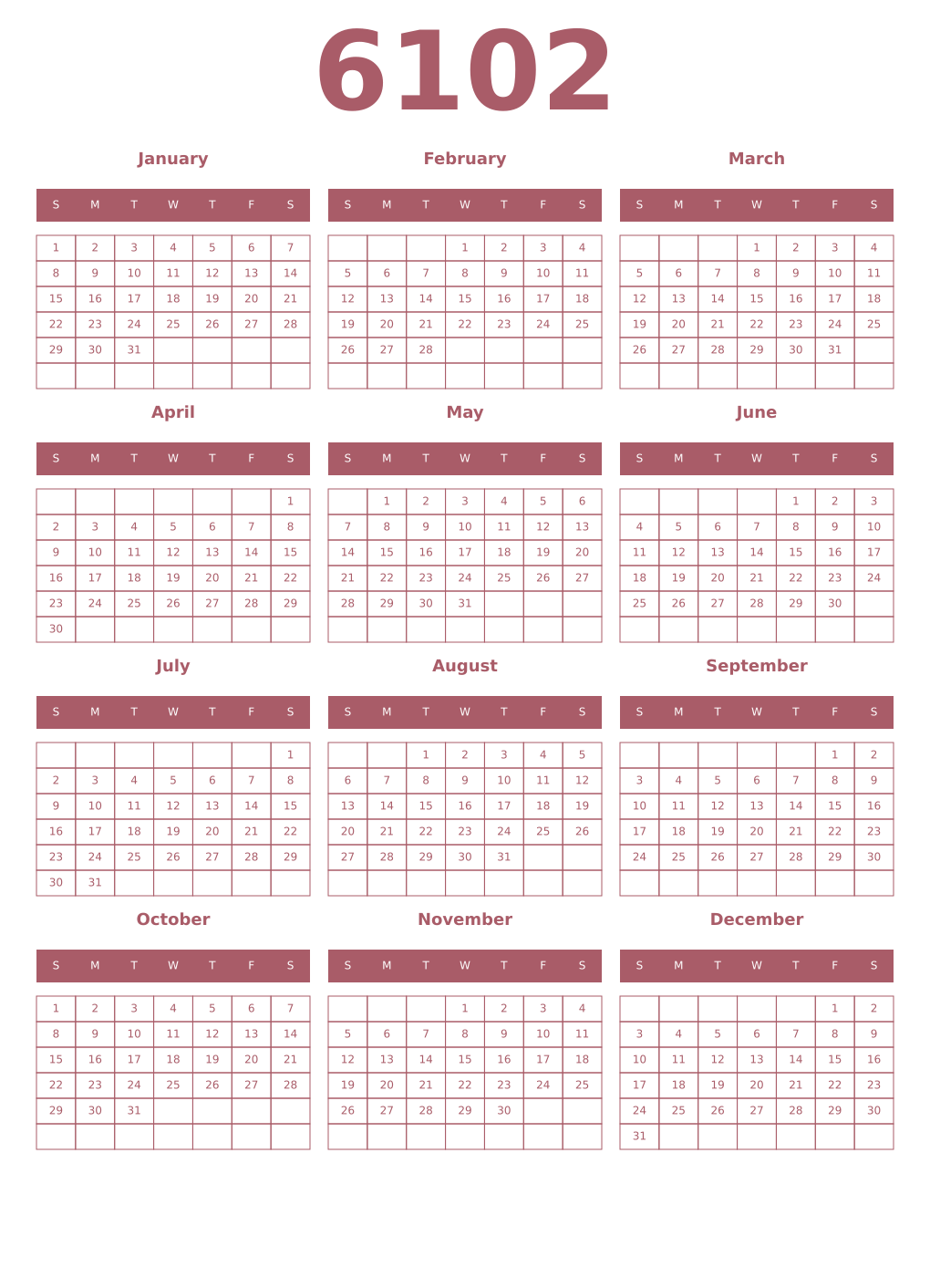 Printable 6102 Year Calendars puce