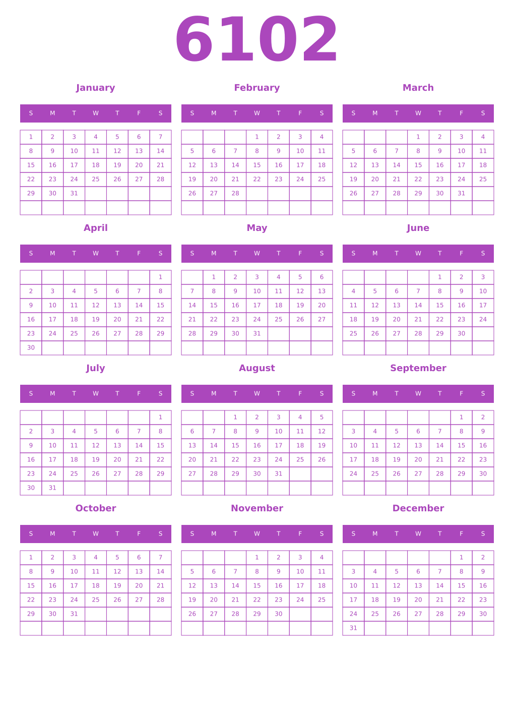 Printable 6102 Year Calendars purple