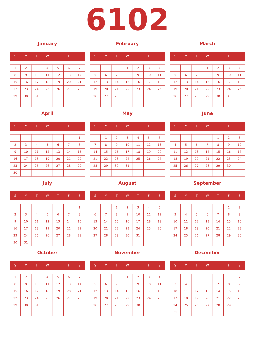 Printable 6102 Year Calendars red