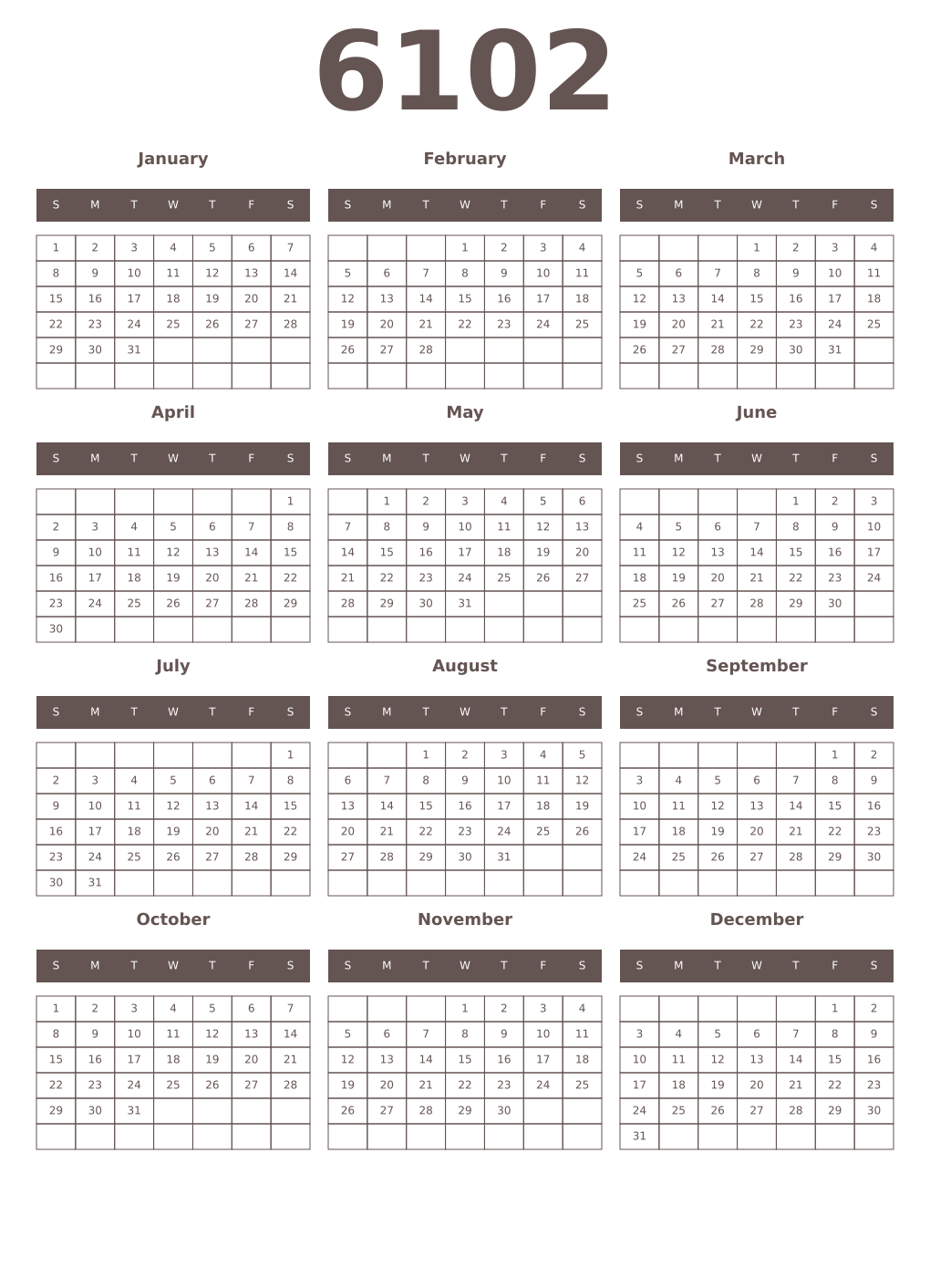 Printable 6102 Year Calendars wenge
