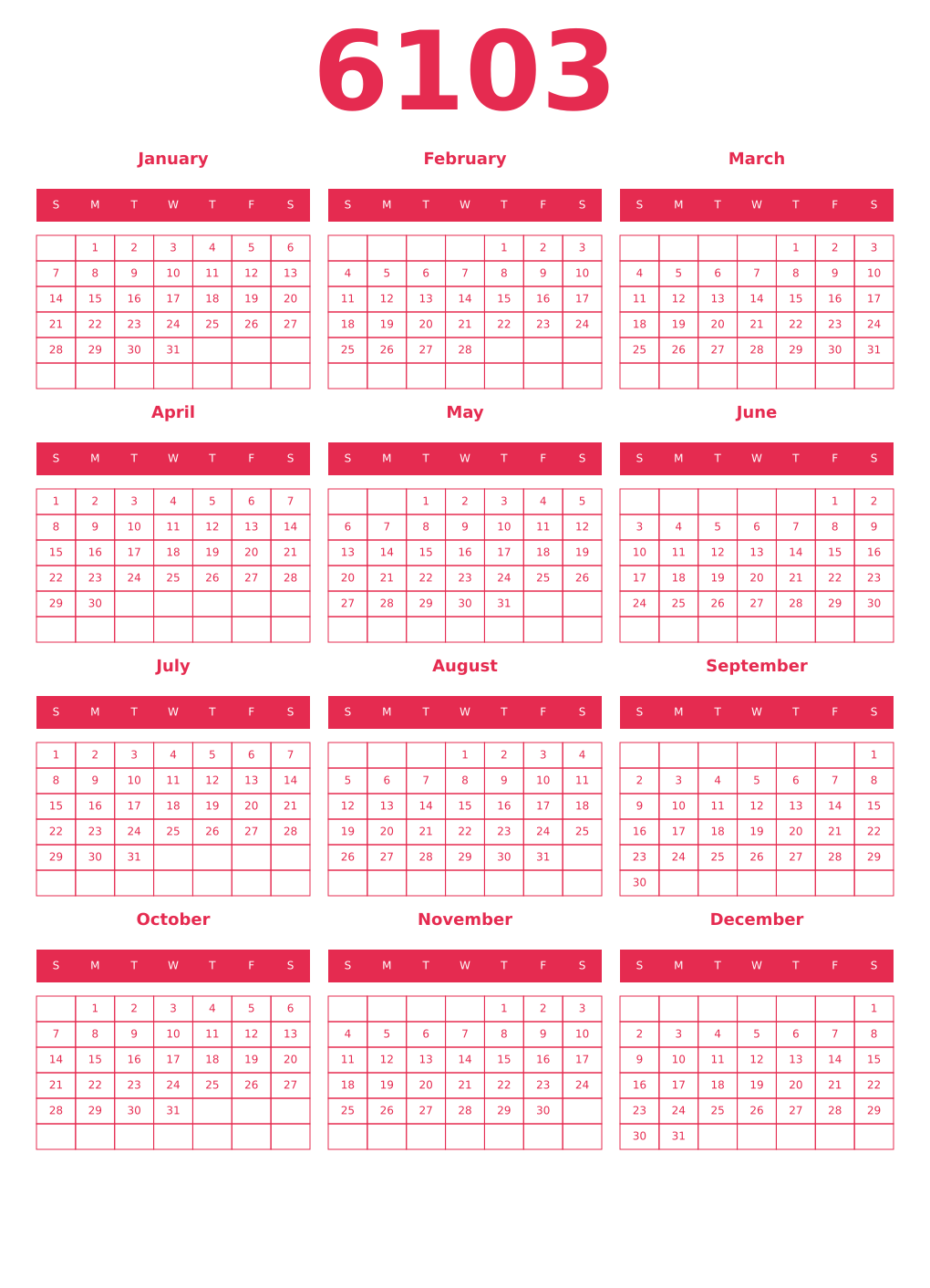 Printable 6103 Year Calendars amaranth