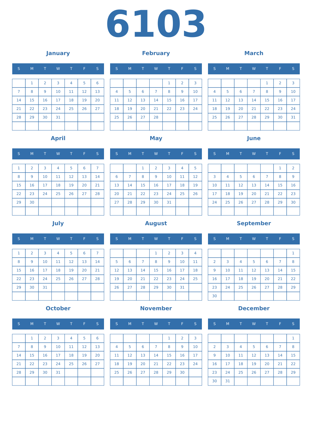 Printable 6103 Year Calendars blue