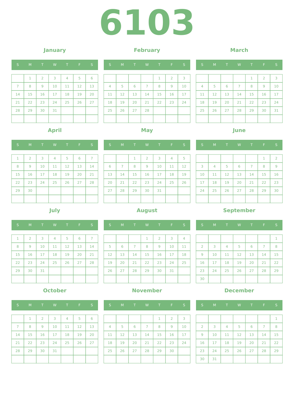 Printable 6103 Year Calendars celadon