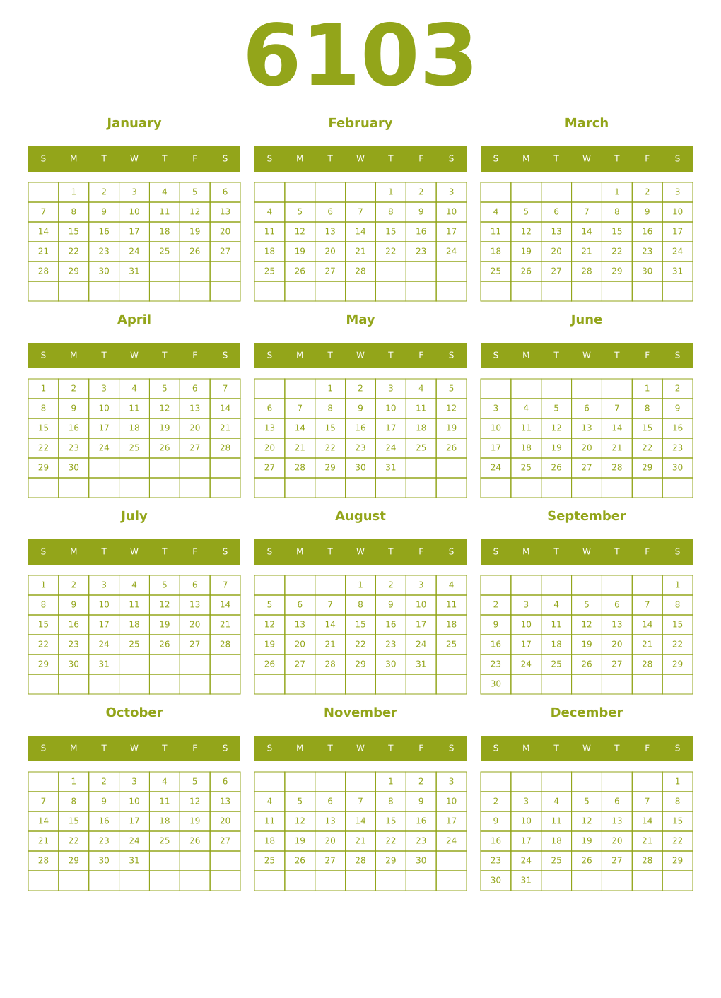 Printable 6103 Year Calendars chartreuse