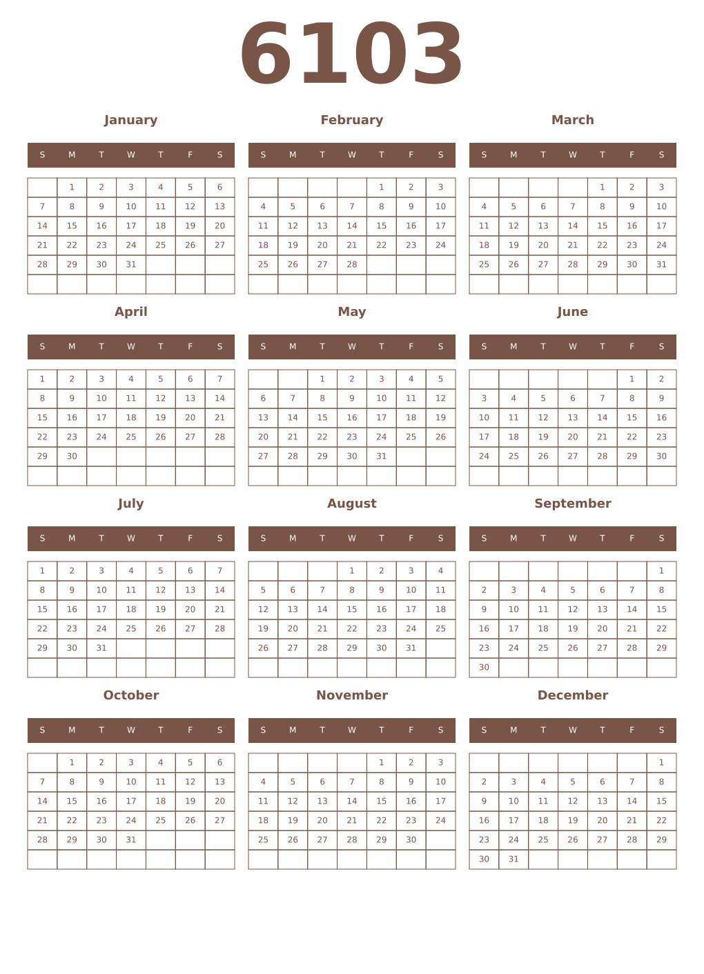 Printable 6103 Year Calendars coffe