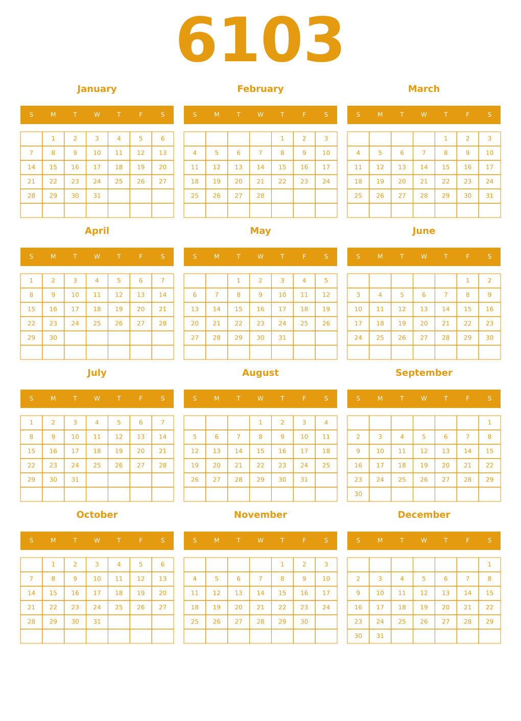 Printable 6103 Year Calendars gamboge
