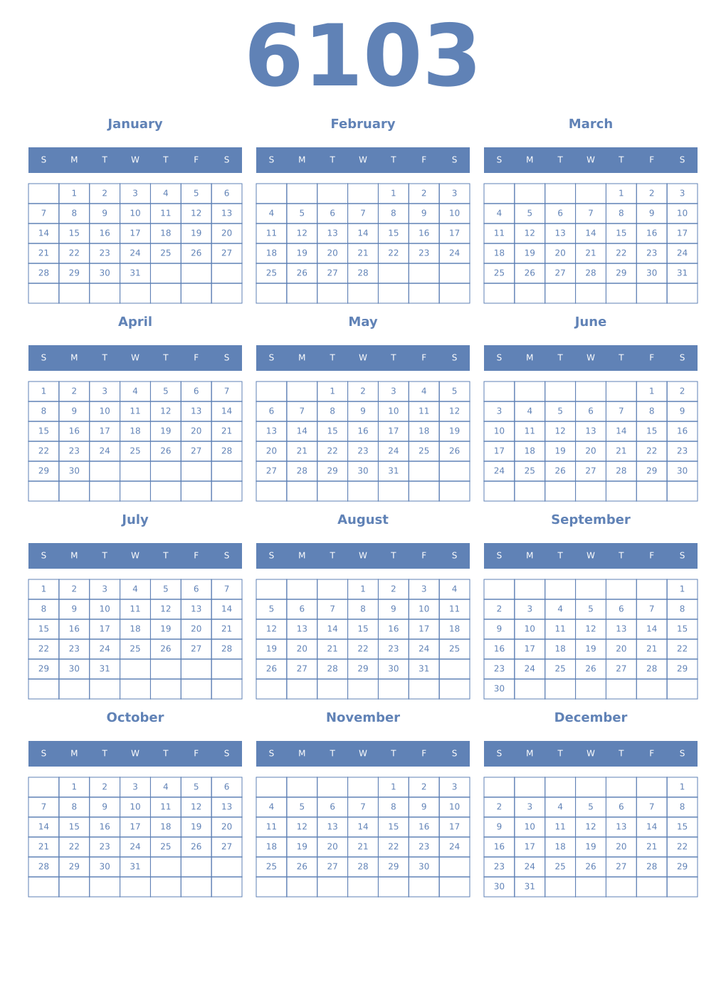 Printable 6103 Year Calendars glaucous