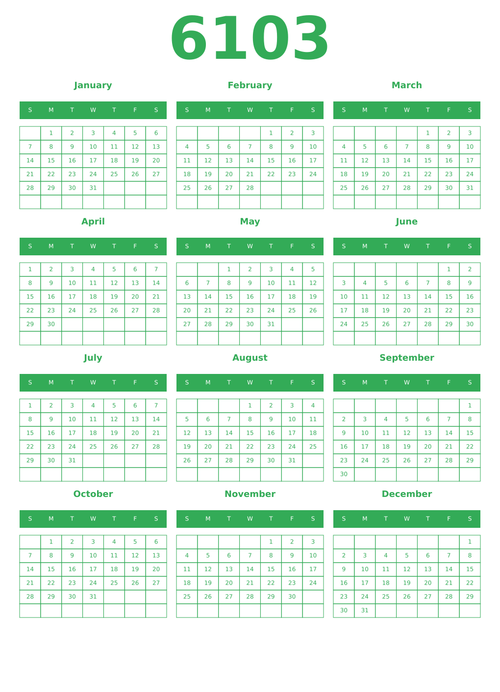 Printable 6103 Year Calendars green