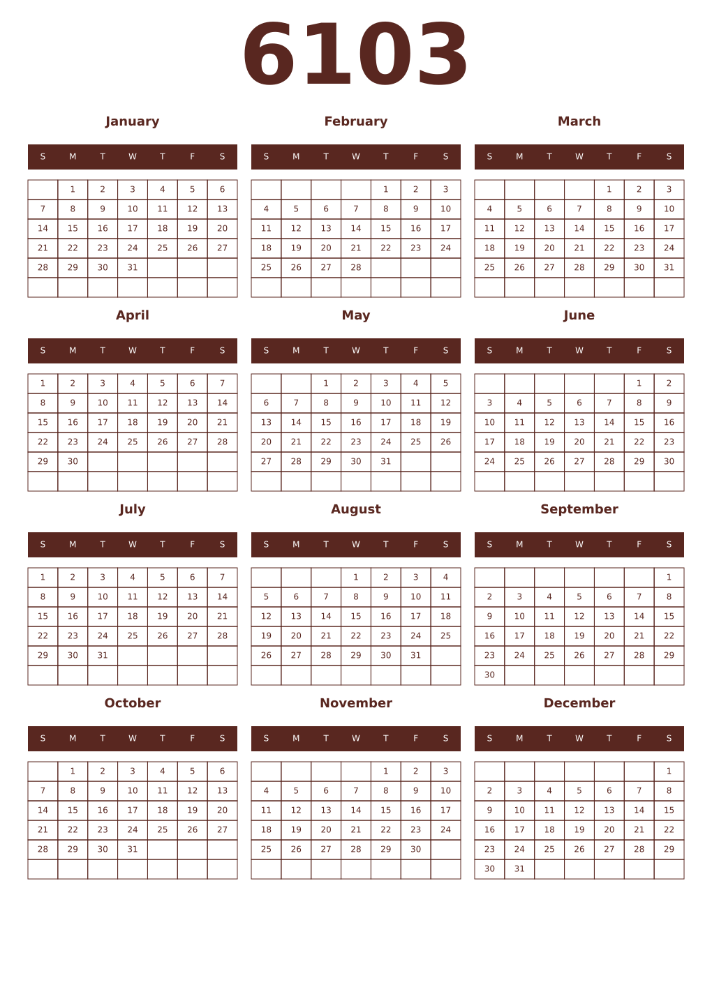 Printable 6103 Year Calendars mortuum