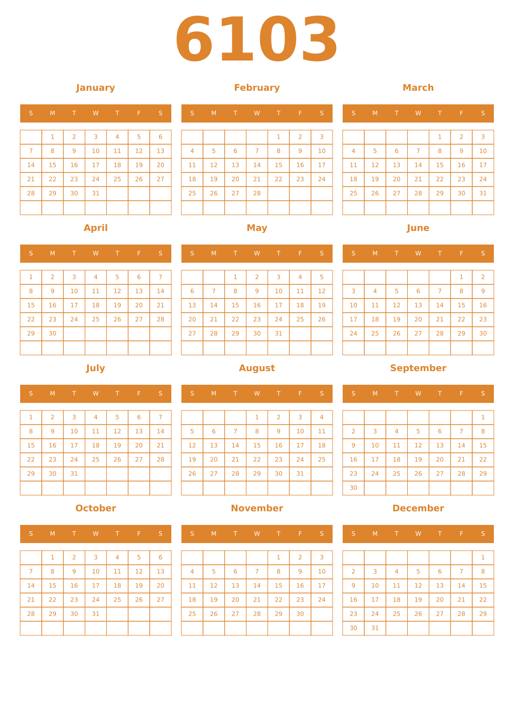 Printable 6103 Year Calendars orange