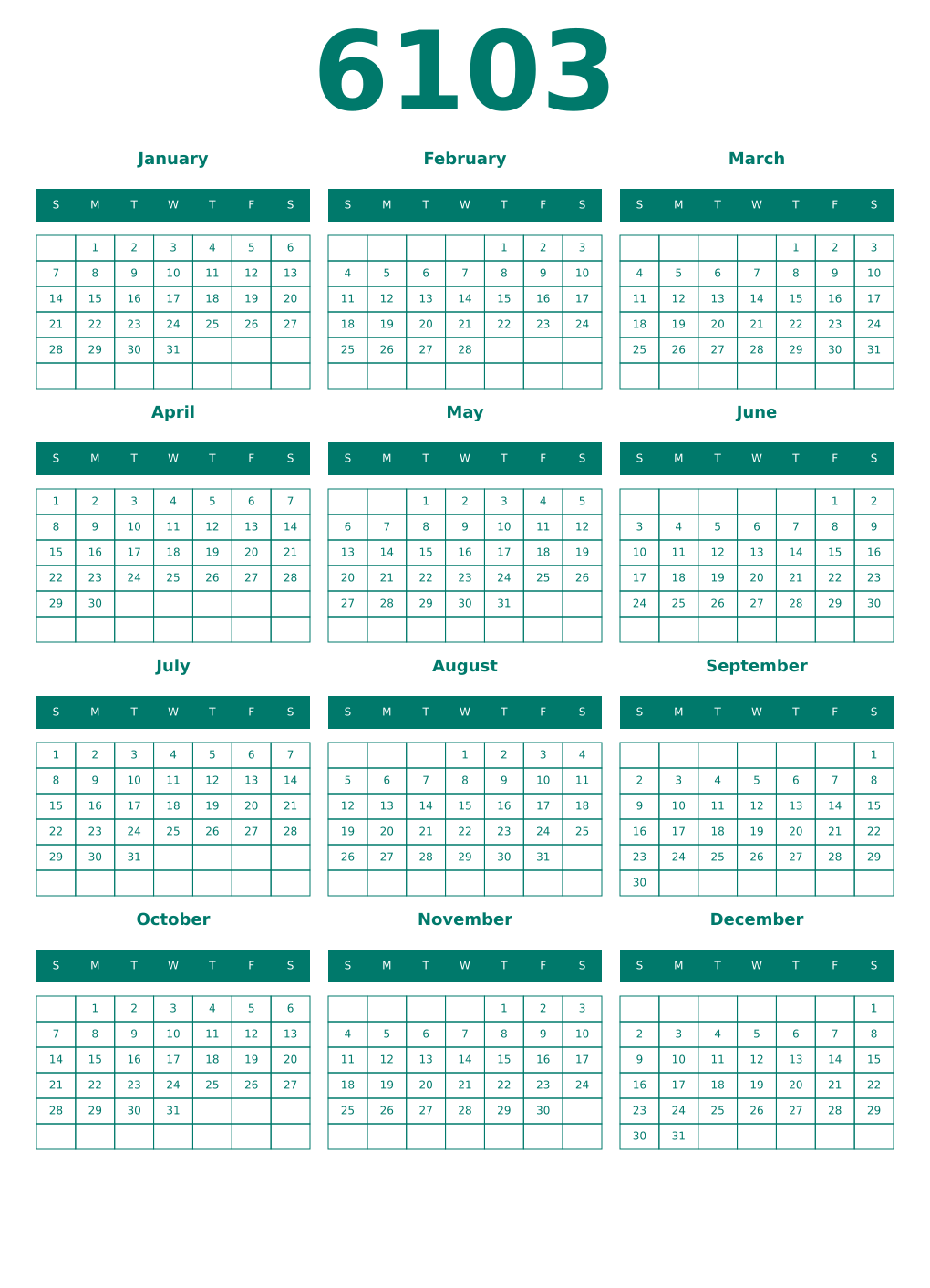 Printable 6103 Year Calendars pastel