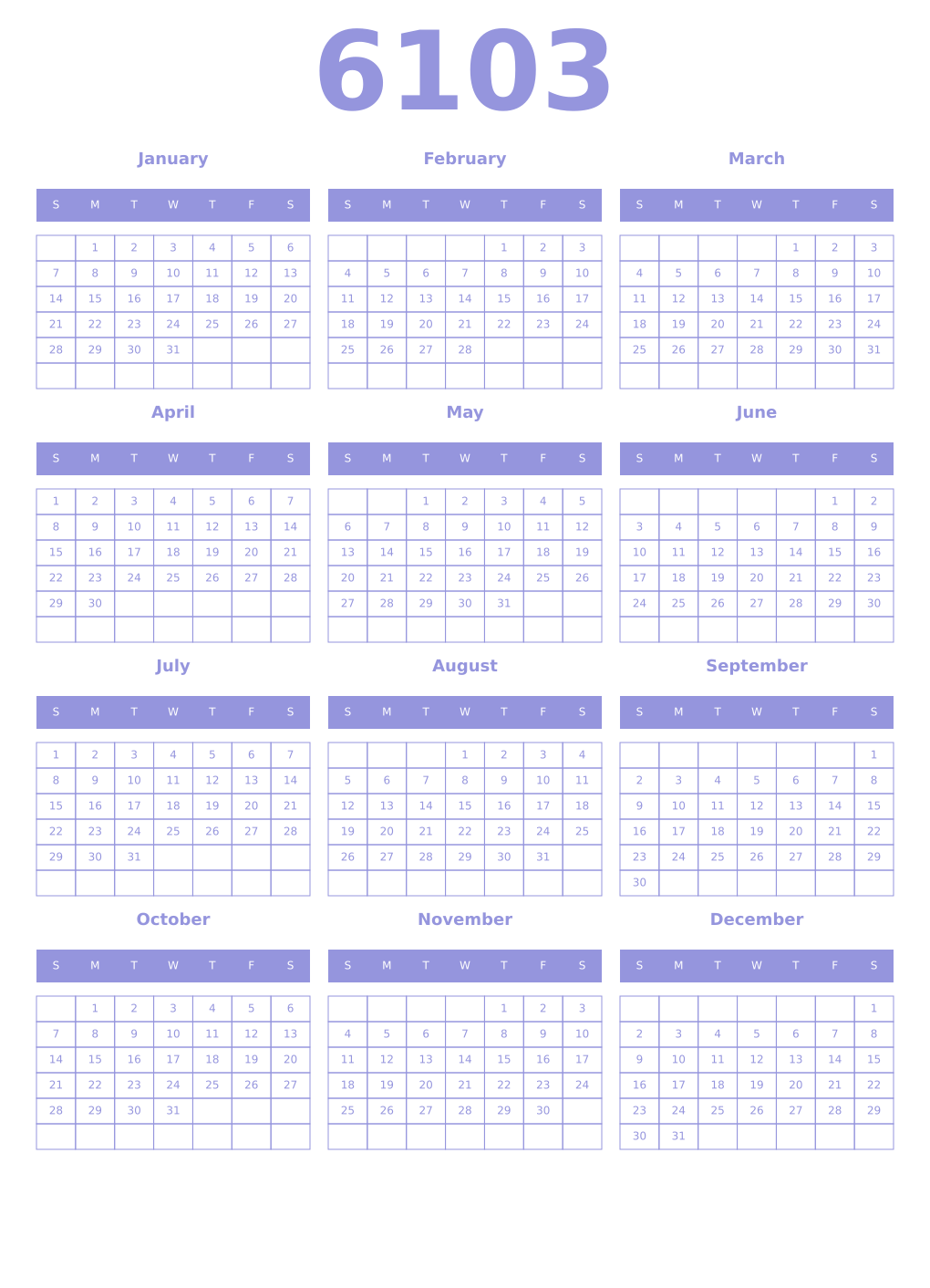 Printable 6103 Year Calendars periwinkle