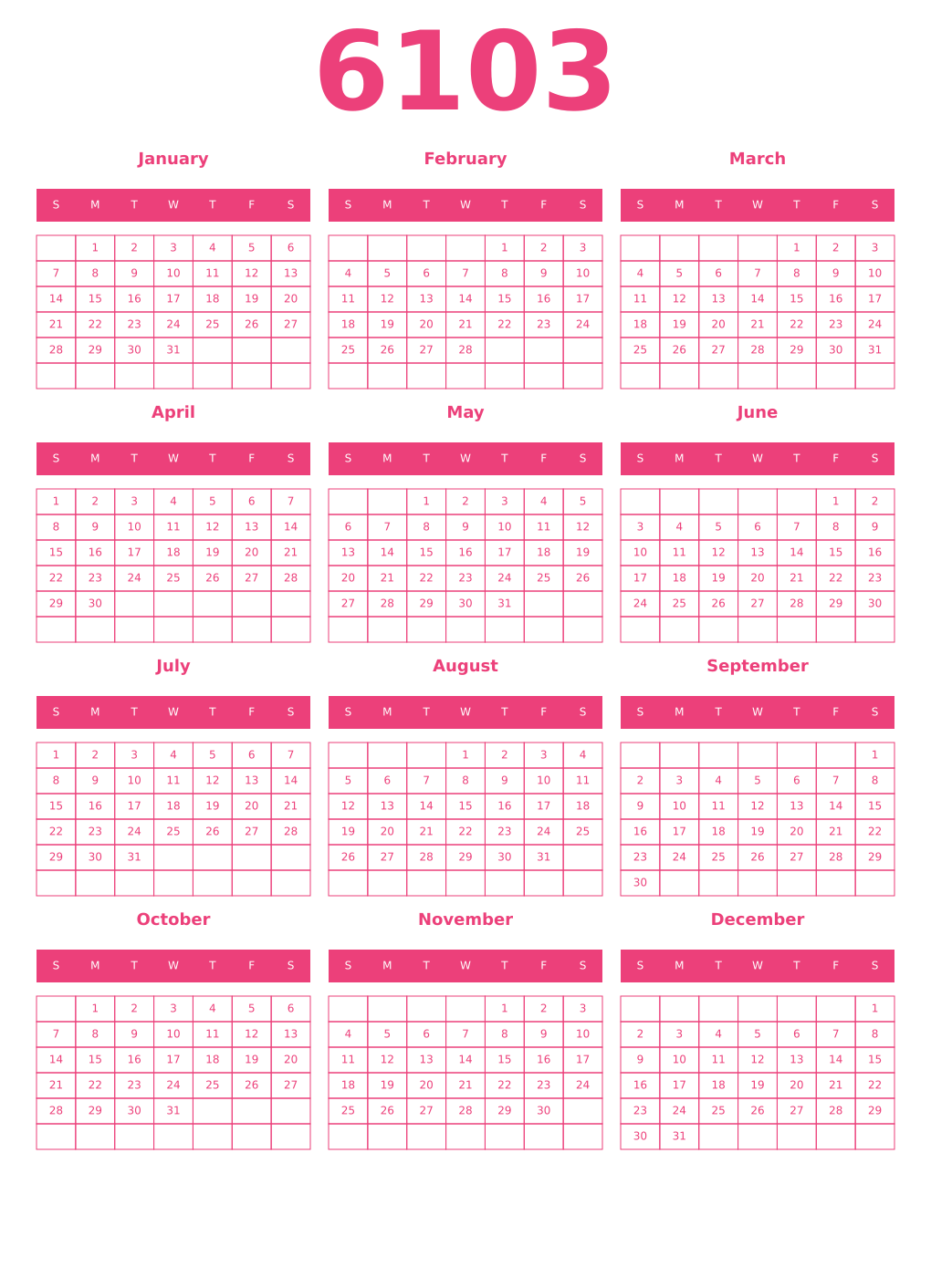 Printable 6103 Year Calendars pink