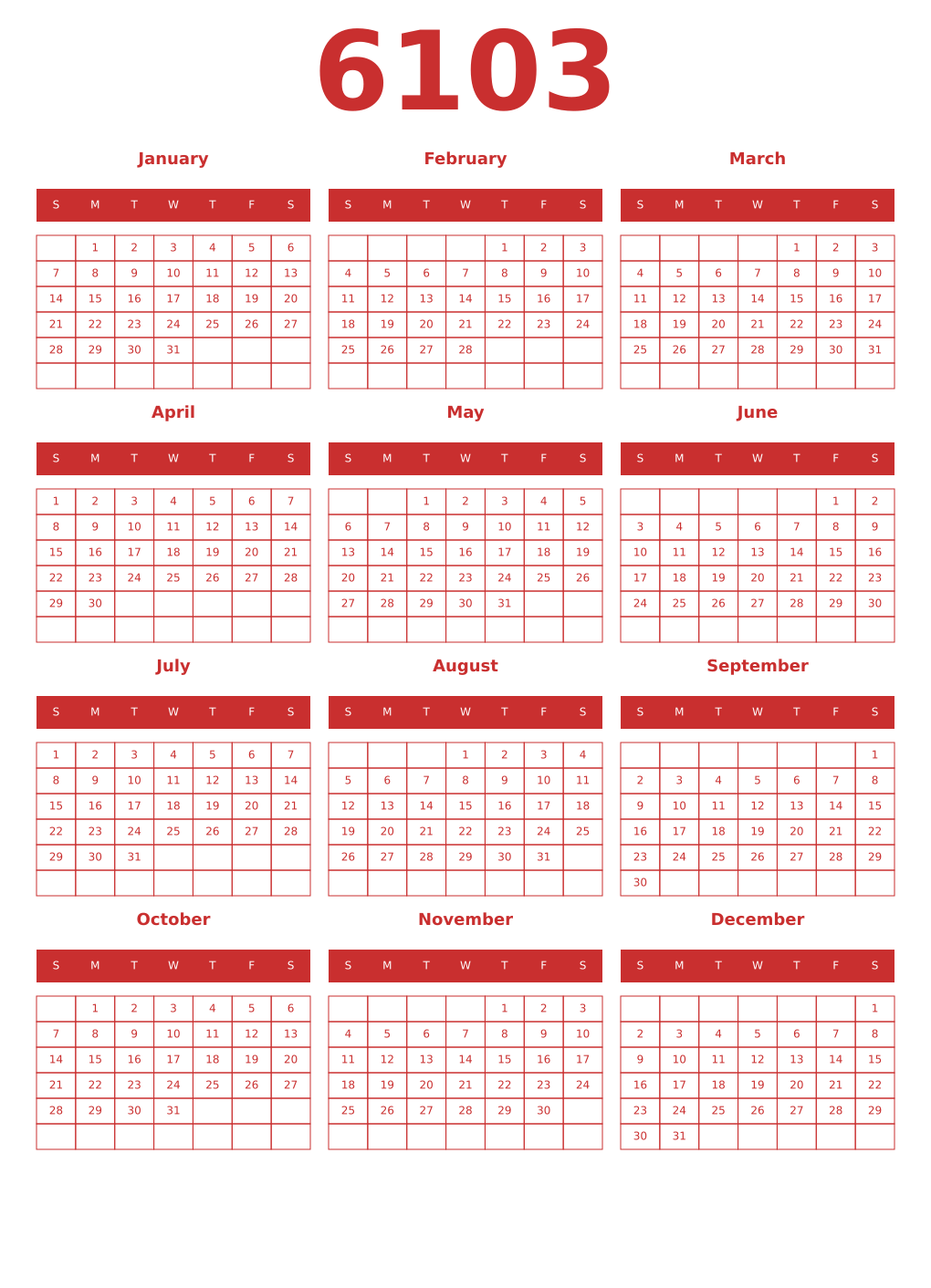 Printable 6103 Year Calendars red