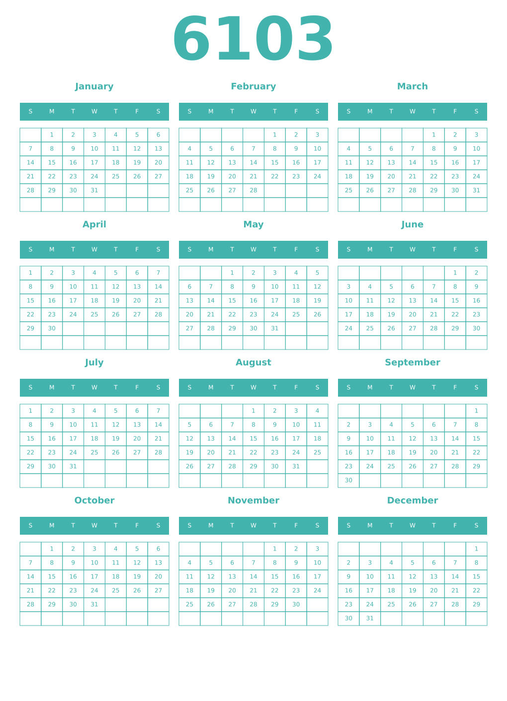 Printable 6103 Year Calendars verdigris