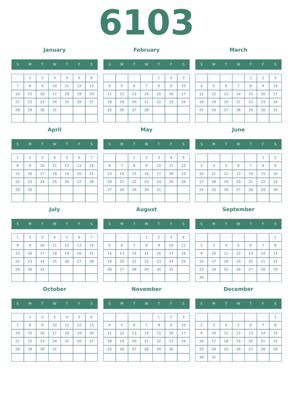 Printable 6103 Year Calendars viridian