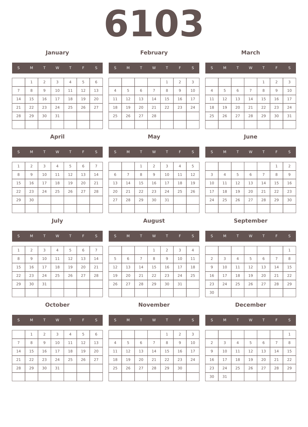 Printable 6103 Year Calendars wenge