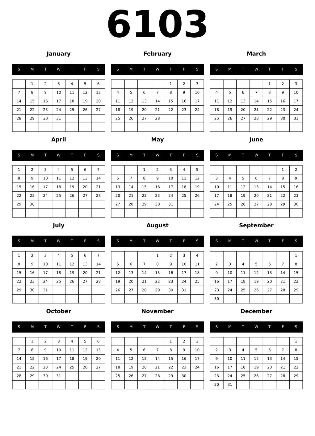 Printable 6103 Calendars