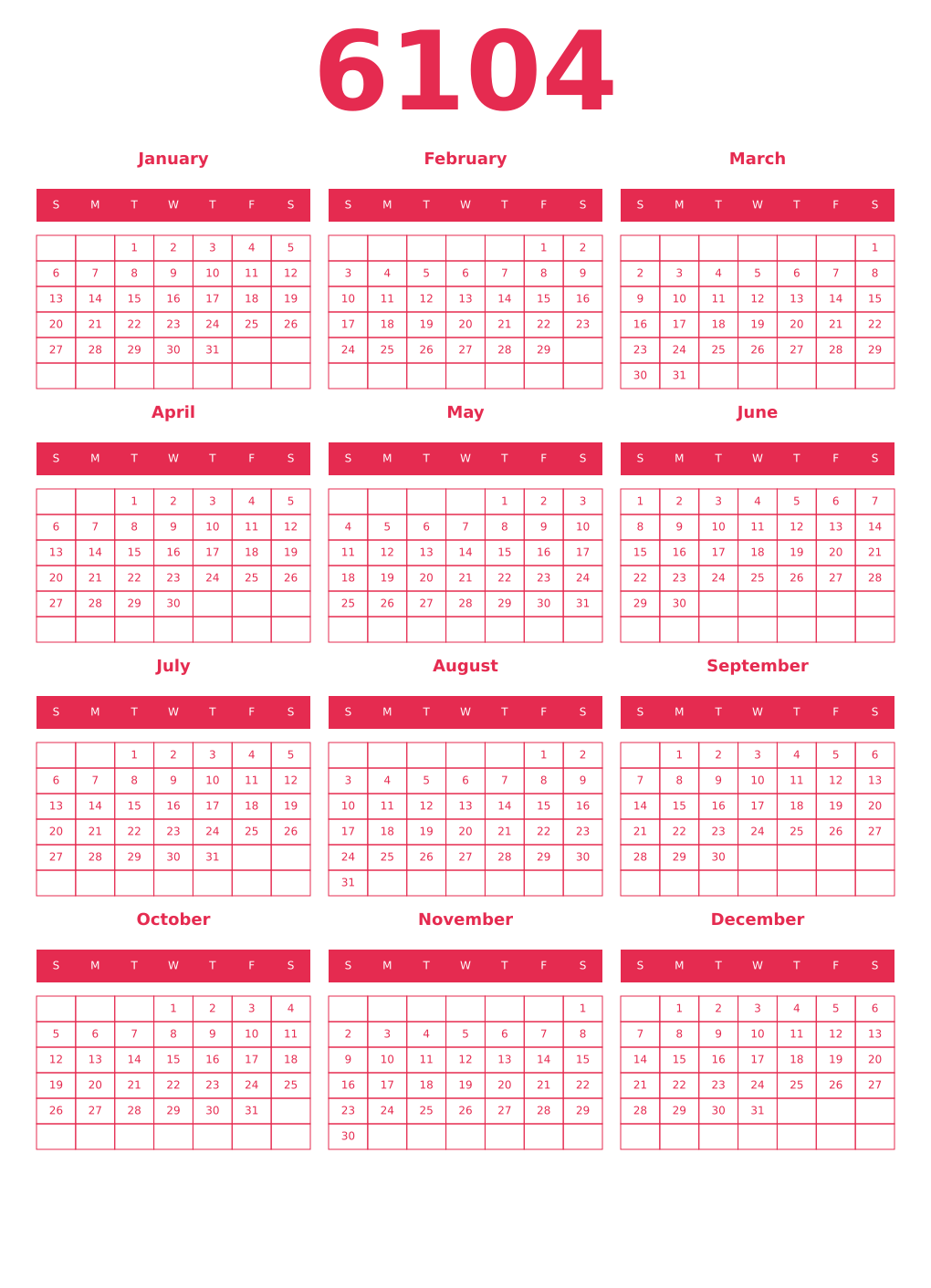 Printable 6104 Year Calendars amaranth