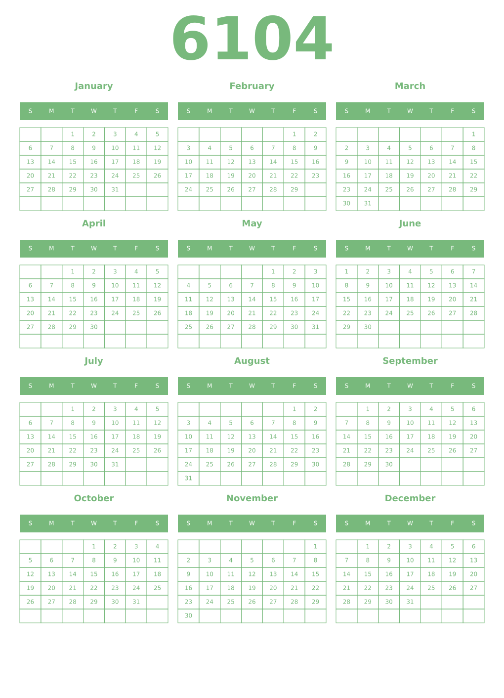 Printable 6104 Year Calendars celadon
