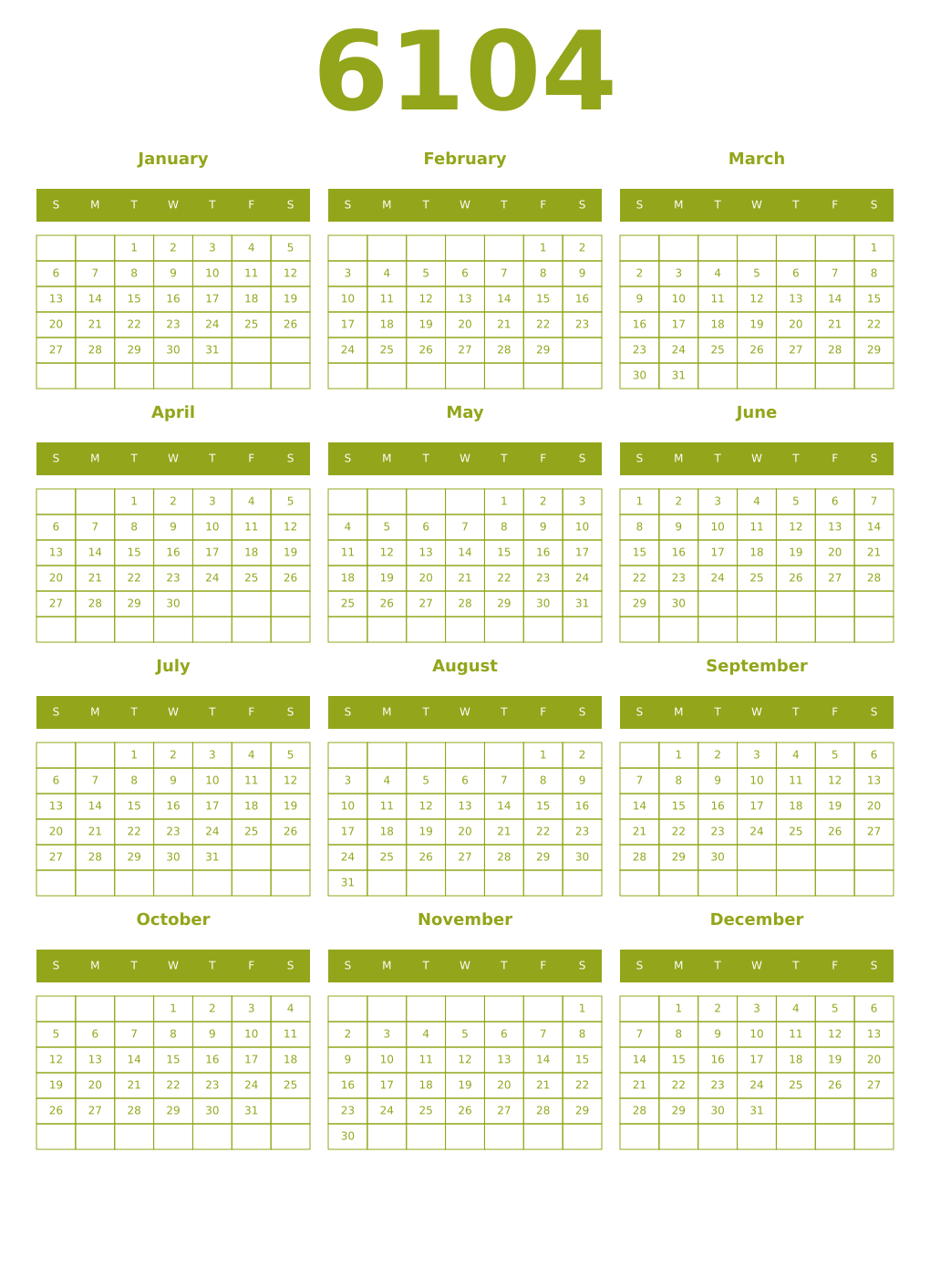 Printable 6104 Year Calendars chartreuse