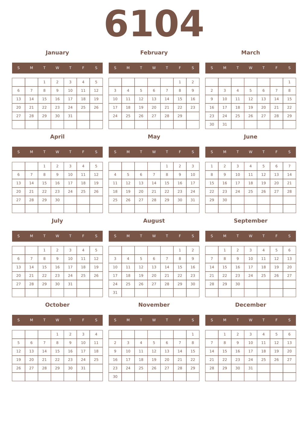Printable 6104 Year Calendars coffe